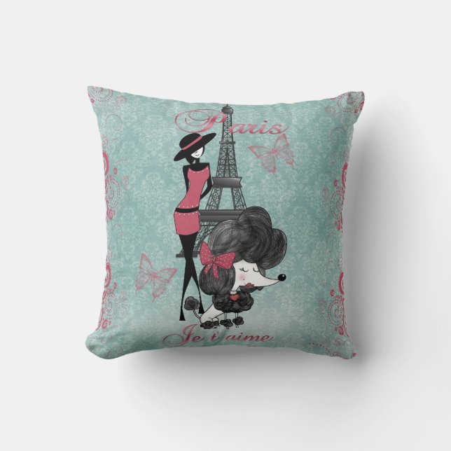 Elegant vintage French poodle girls silhouette Throw Pillow (Front)