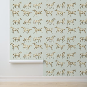 Elegant Vintage Galloping Horses Beige Sage Toile  Wallpaper