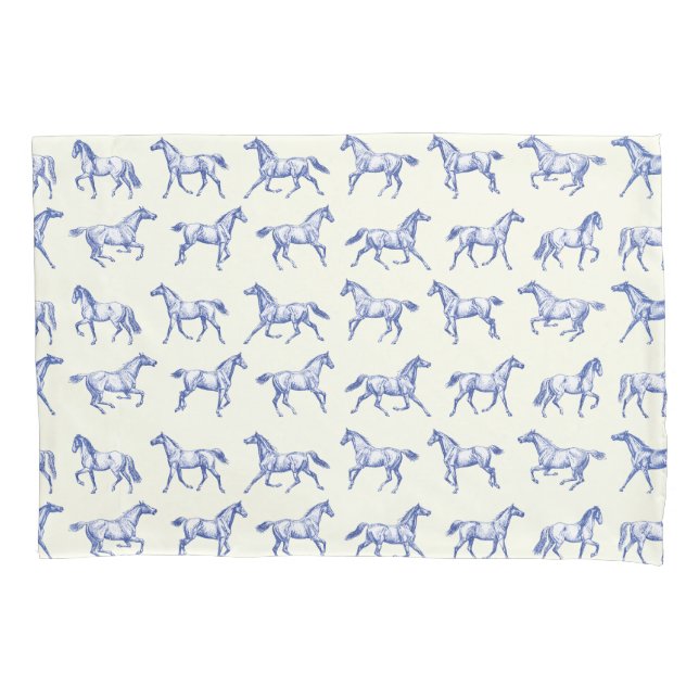 Elegant Vintage Galloping Horses Blue Toile  Pillowcase (Front)