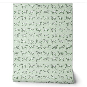 Elegant Vintage Galloping Horses Sage Toile Wallpaper