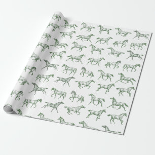 Elegant Vintage Galloping Horses Sage Toile Wrapping Paper
