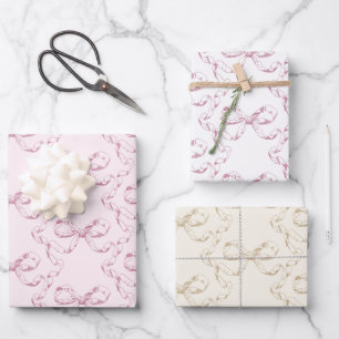 Elegant Vintage Girly Preppy Bows Pink Toile Wrapping Paper Sheet