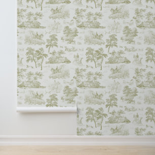 Elegant Vintage Gold Beige Horse Hunting Toile Wallpaper