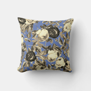 Elegant Vintage Gold Beige Roses on Blue Throw Pillow