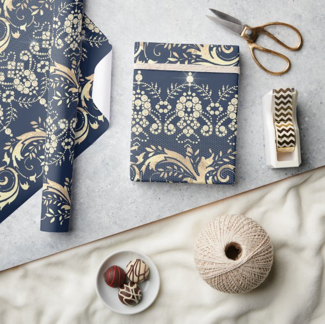 Elegant vintage gold blue damask pattern wrapping paper (Crafts)