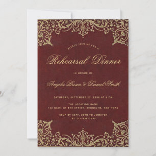 Elegant Vintage Gold Burgundy Red Rehearsal Dinner Invitation