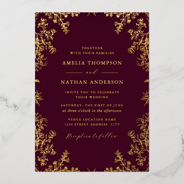 Elegant Vintage Gold Burgundy Wedding  (Front)