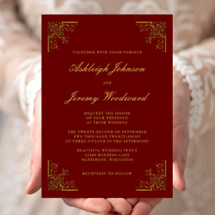 Elegant Vintage Gold Corners Burgundy Wedding Invitation