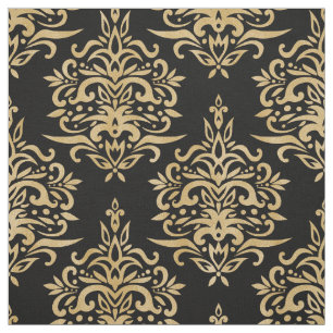 Elegant Vintage Gold Damask Pattern Black Fabric