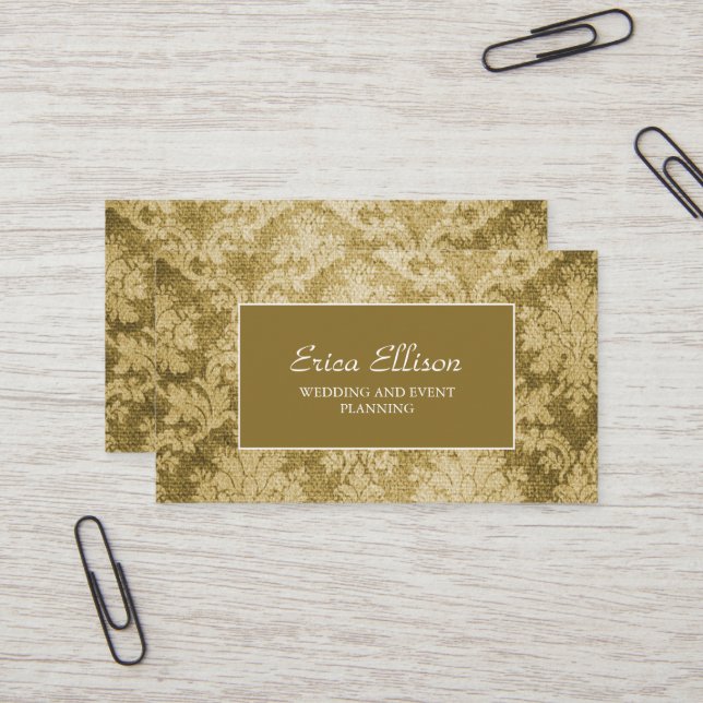 Elegant Vintage Gold Damask Wedding Planner Business Card (Front/Back In Situ)