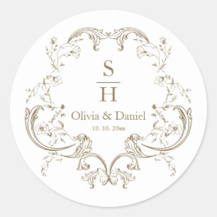 Elegant Vintage Gold Floral Crest Wedding Monogram Classic Round Sticker
