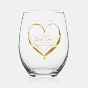 Elegant Vintage Gold Heart Bridal Shower Stemless Wine Glass