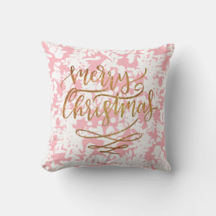 Elegant Vintage Gold Merry Christmas on Pink Throw Pillow
