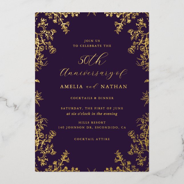 Elegant Vintage Gold Purple 50th Anniversary Party (Front)