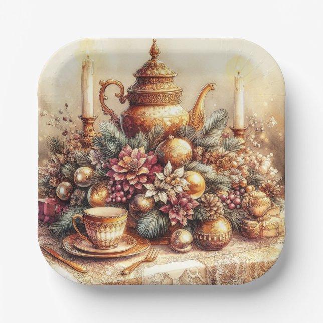 Elegant Vintage Gold Teapot Christmas Paper Plate (Front)