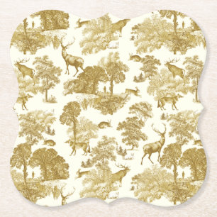 Elegant Vintage Gold Toile Deer Fox Woodland Paper Coaster