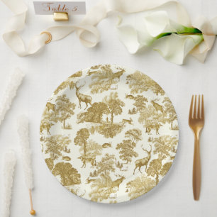 Elegant Vintage Gold Toile Deer Fox Woodland  Paper Plate