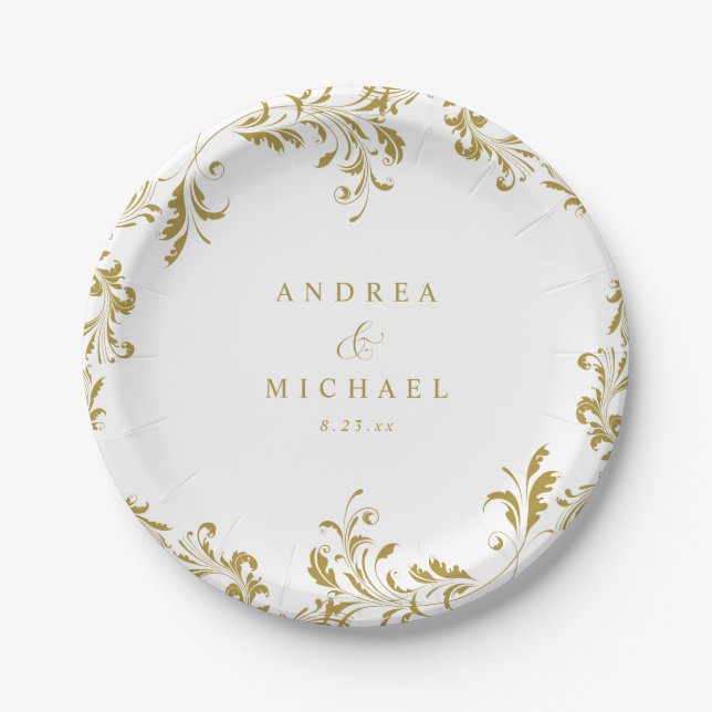 Elegant Vintage Gold Wedding Dessert Paper Plate (Front)