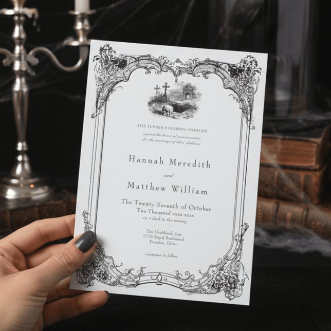 Elegant Vintage Gothic Black Toile Skull Wedding Invitation (Creator Uploaded)