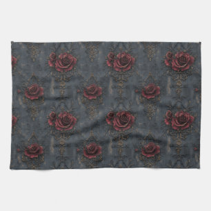 Elegant Vintage Gothic Pattern with Red Roses  Kitchen Towel
