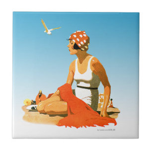 Elegant Vintage Graphic of Woman on Beach Tile