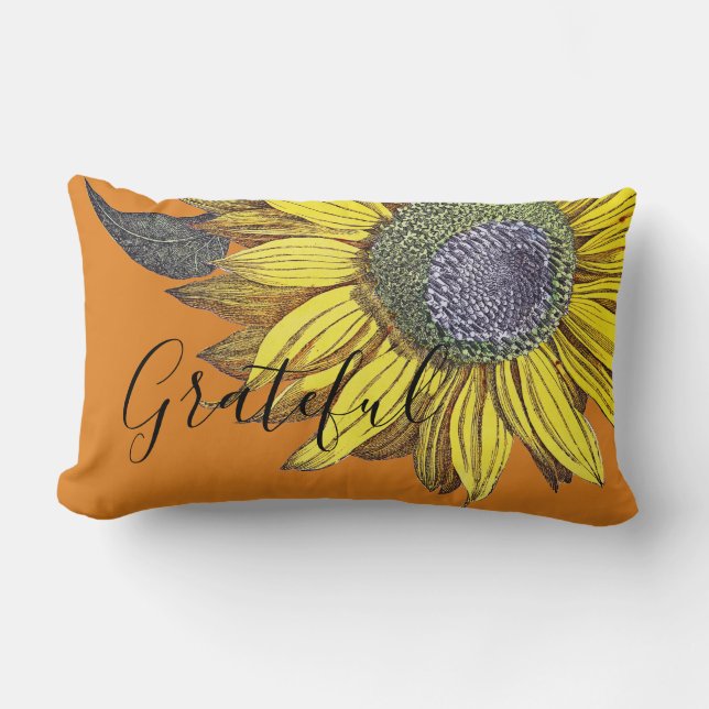 Elegant Vintage Grateful Sunflower Solid Orange Lumbar Pillow (Front)