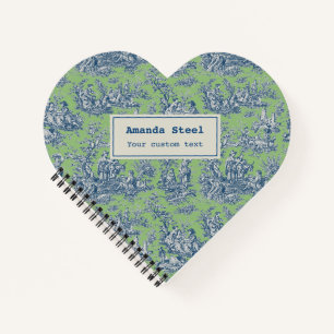 Elegant vintage green blue toile de jouy heart notebook