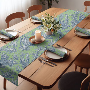 Elegant vintage green blue toile de jouy printed short table runner