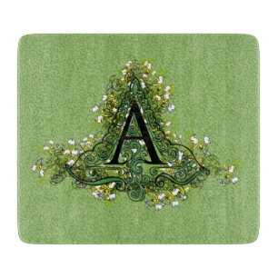 Elegant Vintage green Floral initial A monogram Cutting Board