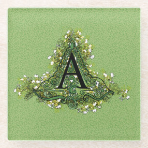 Elegant Vintage green Floral initial A monogram Glass Coaster