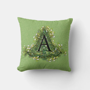 Elegant Vintage green Floral initial A monogram Throw Pillow