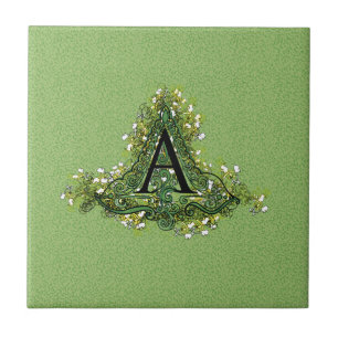 Elegant Vintage green Floral initial A monogram Tile
