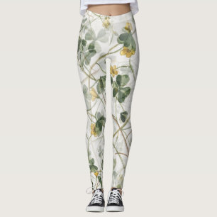 Elegant Vintage Green Gold Botanical Illustration Leggings