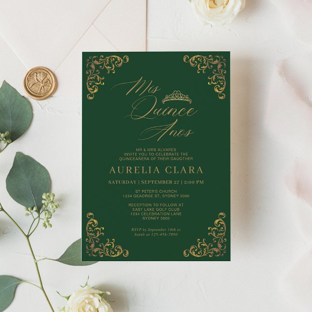 Elegant Vintage Green Gold Mis Quince Quinceañera Invitation (Creator Uploaded)