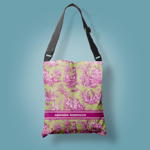 Elegant vintage green pink toile de jouy printed crossbody bag
