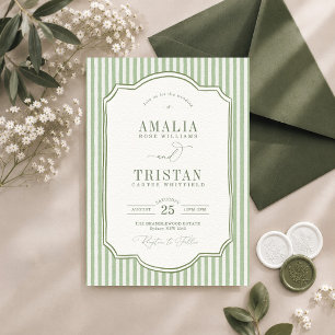 Elegant Vintage Green Stripe Wedding Invitation