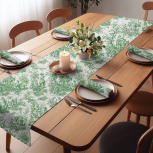 Elegant vintage green toile d jouy printed short table runner