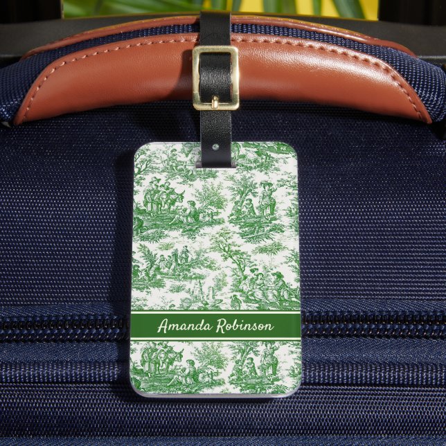 Elegant vintage green toile de jouy luggage tag (Front Insitu 2)