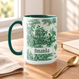 Elegant Vintage Green Toile Floral Monogram Mug