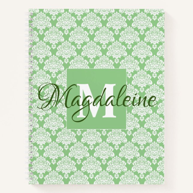 Elegant Vintage Green White Damask Name & Initial Notebook (Front)