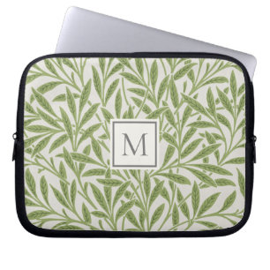 Elegant Vintage Green Willow Leaves Monogram Laptop Sleeve