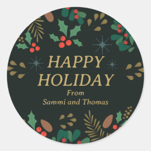 Elegant Vintage greenery Happy Holiday Christmas  Classic Round Sticker