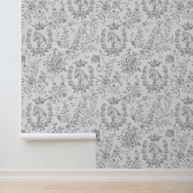Elegant Vintage Grey Equestrian Toile Wallpaper (Application)
