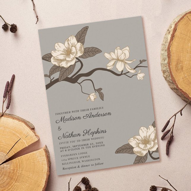 Elegant Vintage Grey Magnolia Wedding Invitation (Creator Uploaded)
