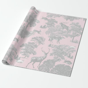 Elegant Vintage Grey Pink Toile Deer Woodland Wrapping Paper