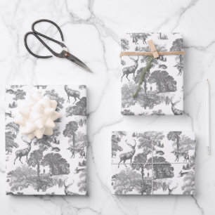 Elegant Vintage Grey Toile Deer Fox Woodland Wrapping Paper Sheet