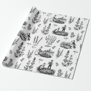 Elegant Vintage Herbal Garden Black White Toile Wrapping Paper