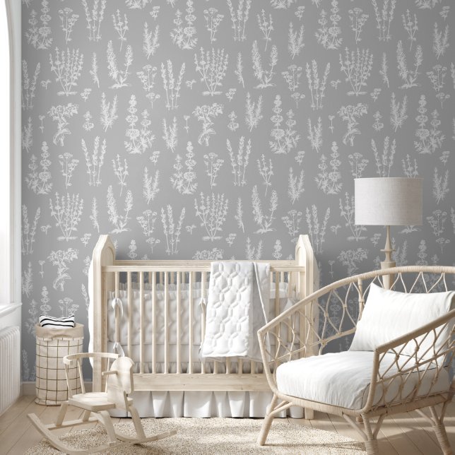 Elegant Vintage Herbal Garden Grey White Wallpaper (Kids)