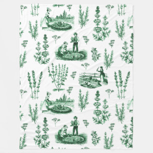 Elegant Vintage Herbal Garden Sage Green Toile Fleece Blanket