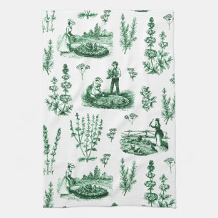 Elegant Vintage Herbal Garden Sage Green Toile Kitchen Towel
